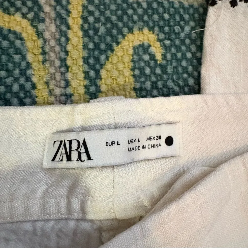 Zara embroidered linen white black wide leg high rise pant large